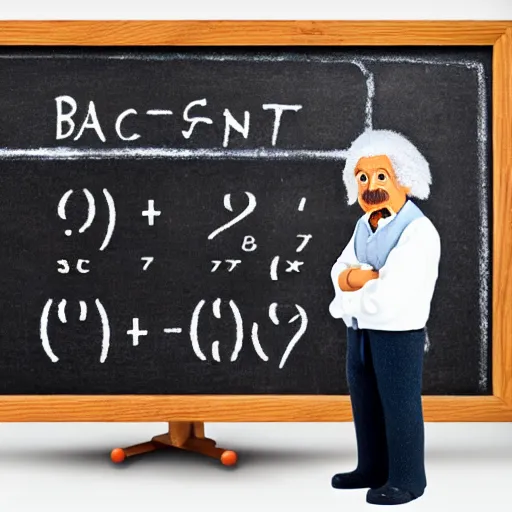Image similar to miniature claymation albert einstein standing in front of blackboard with lots of mathematical formulas chalked on