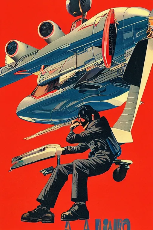 Prompt: a poster of a man riding a plane in the air, poster art by otomo katsuhiro, pixiv, retrofuturism, official art, reimagined by industrial light and magic, poster art