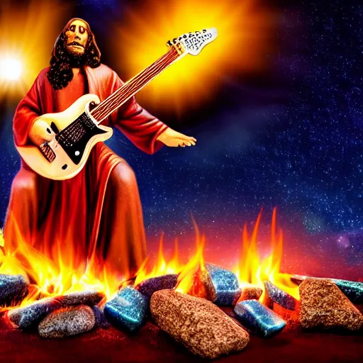 Image similar to bokeh photo of jesus rocking out with electric guitar surrounded by fire, with meteor shower in the background