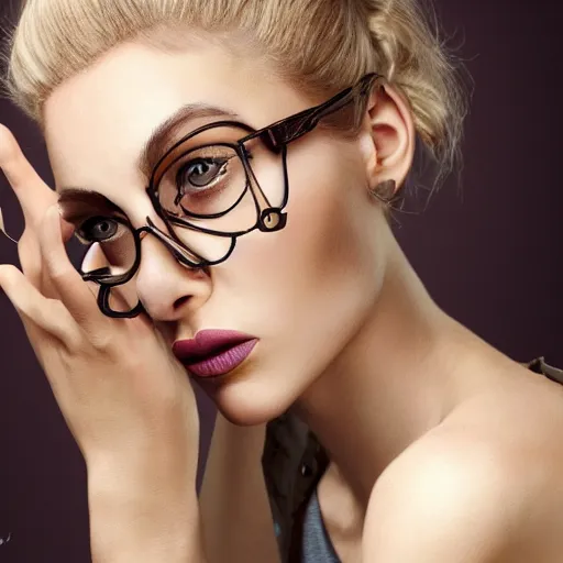 Image similar to a severe french woman with blonde hair tied in a strict bun, spectacles, lots of makeup, rich, character portrait, digital art, high quality, 8 k, detailed, d & d character,