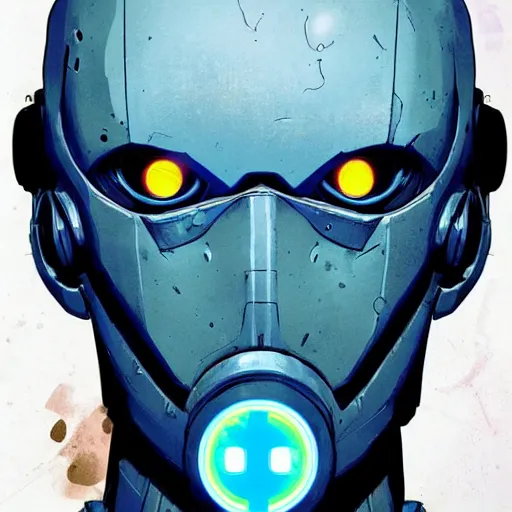 Image similar to cell shaded portrait of a cybernetic blue bald soldier with glowing blue eyes as Borderlands 3 concept art, llustration, post grunge, concept art by josan gonzales and wlop, by james jean, Victo ngai, David Rubín, Mike Mignola, Laurie Greasley, highly detailed, sharp focus,alien,Trending on Artstation, HQ, deviantart, art by artgem