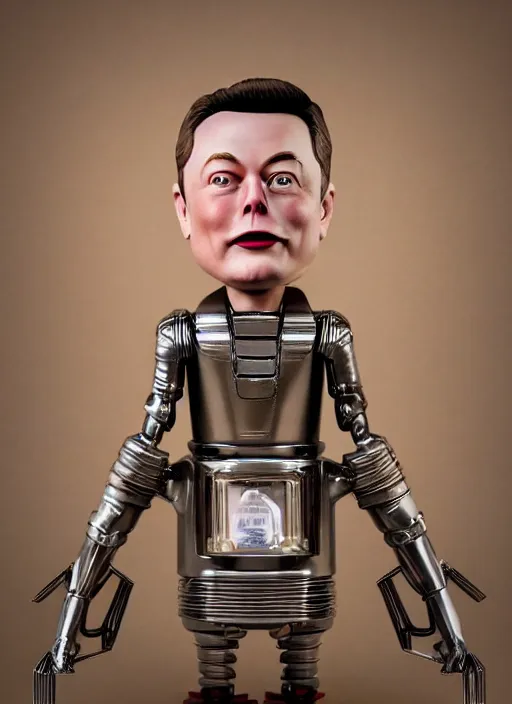 Image similar to closeup of a tin toy elon musk, depth of field, zeiss lens, detailed, symmetrical, centered, fashion photoshoot, by nicoletta ceccoli, mark ryden, lostfish, earl nore, hyung tae, frank frazetta, breathtaking, 8 k resolution, extremely detailed, beautiful, establishing shot, artistic, hyperrealistic, octane render