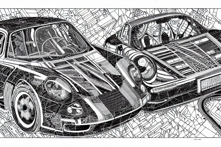 Image similar to a black and white drawing of a porsche 9 5 9 deconstructed schematic, a detailed mixed media collage by hiroki tsukuda and eduardo paolozzi and moebius, intricate linework, sketchbook psychedelic doodle comic drawing, geometric, street art, polycount, deconstructivism, matte drawing, academic art, constructivism