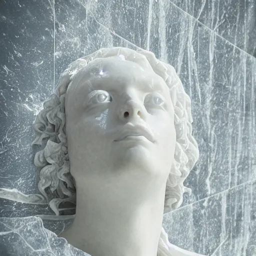 Image similar to “a delicate renaissance marble sculpture covered with water veil, highly detailed transparent marble cloth, gi, global illumination, physically based rendering, photorealistic, top light , dark background”