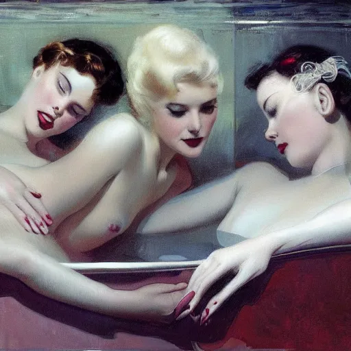 Image similar to three friends in a tub, art by edward mason eggleston, olivia, coby whitmore, rolf armstrong, wlop