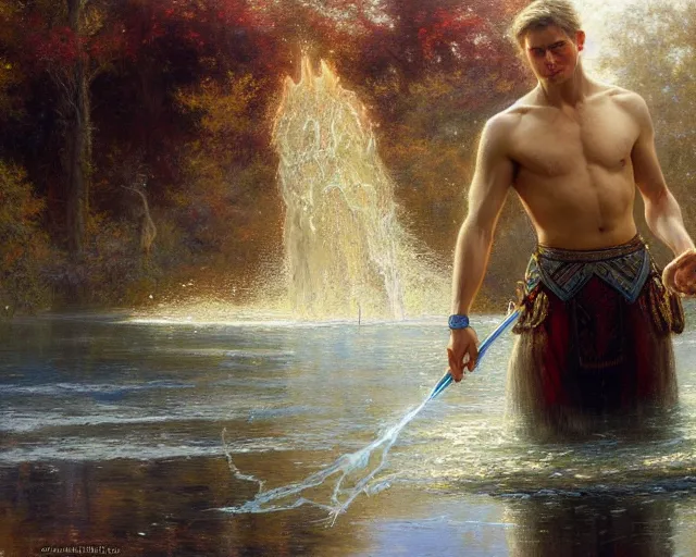 Image similar to attractive male wizard casting powerful water spell in a beautiful lake. highly detailed painting by gaston bussiere, craig mullins, j. c. leyendecker 8 k