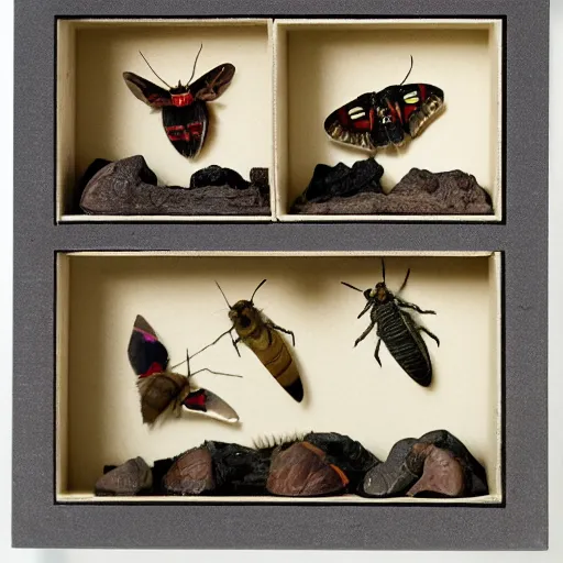 Prompt: composition of 4 square boxes with different moths species, diorama, front view, led lamps, macro photo, canon camera, leans 3 5 mm f 2. 8, 8 k