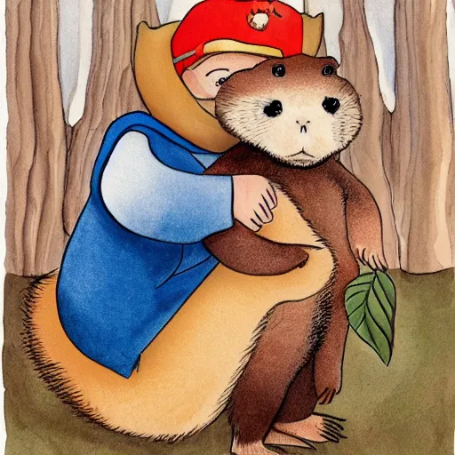 Image similar to badger lovingly hugging a capybara, children's book illustration