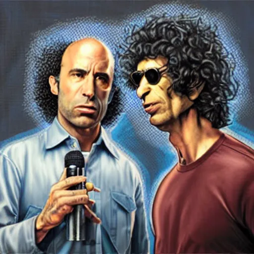 Prompt: Joe Rogan and Howard Stern arguing, intricate, highly detailed, concept art, smooth, sharp focus, illustration, medium shot, mid-shot