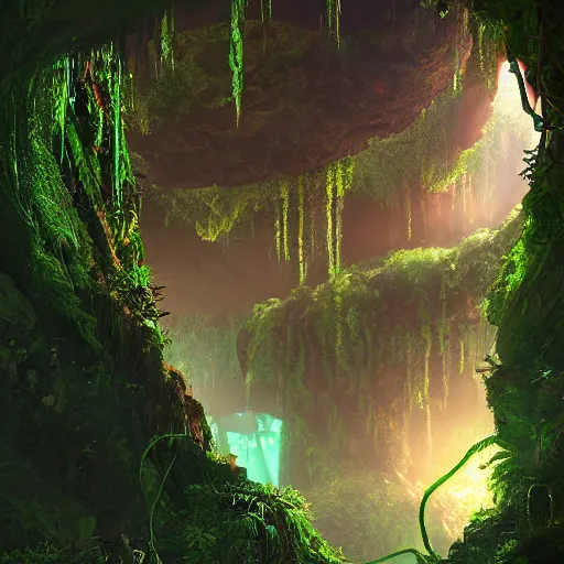 Image similar to looking into lush cave entrance with glowing emeralds and vines hanging from the ceiling, mythical ambience, sharp focus, cinematic light, cgsociety, highly detailed