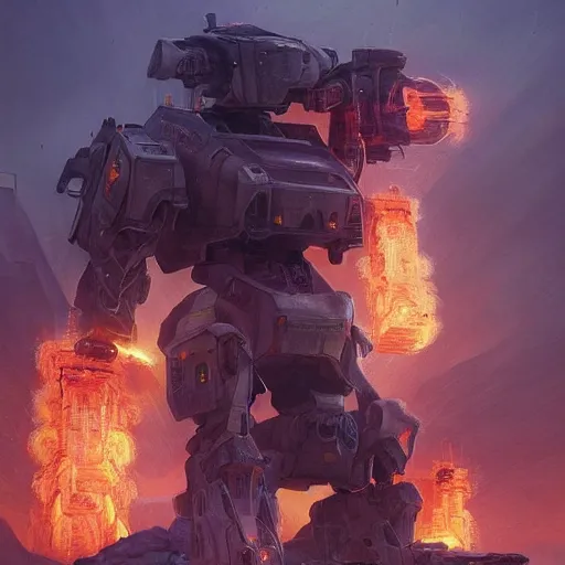 Prompt: portrait of timberwolf battlemech city on fire, battle damage, sunset glow around head, full body portrait, intricate, elegant, highly detailed, digital painting, artstation, concept art, smooth, sharp focus, illustration ,sunset, dramatic lighting by Marc Adamus art by artgerm and greg rutkowski and alphonse mucha, background is a city in ruins