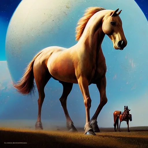 Image similar to the horse is a sphere, in a space vacuum, hyperrealism, no blur, 4 k resolution, ultra detailed, style of ron cobb, adolf hiremy - hirschl, syd mead, ismail inceoglu, rene margitte