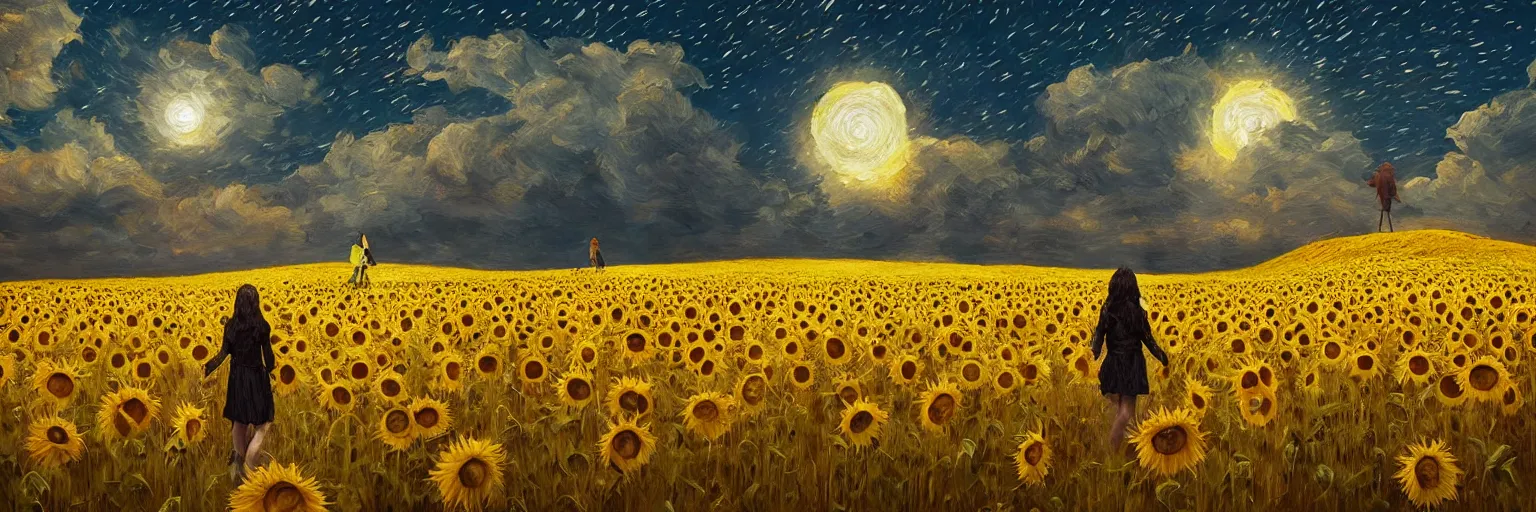 Image similar to giant sunflower as a head, girl walking in wheat field, hills, surreal photography, dark night, star trails, dramatic light, impressionist painting, clouds, digital painting, artstation, simon stalenhag