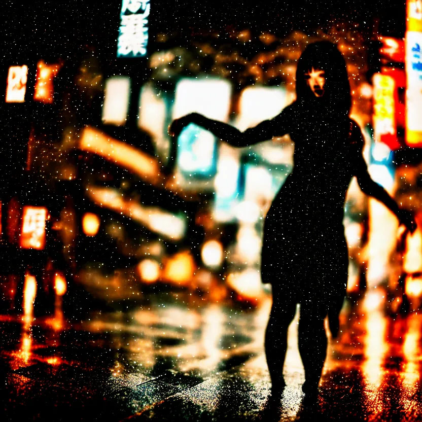 Image similar to a photo close up cyberpunk woman dancing in the rain, cyberpunk hiroshima, prefecture streets, midnight, photorealistic, cinematic lighting, highly detailed, bokeh, style by tomino - sama