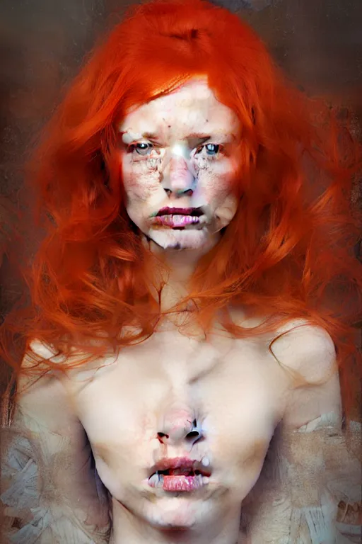 Image similar to of beautiful redhead female, beauty portrait by greg rutkowski, hilma af klint, moebius, victo ngai, sharp focus, global illumination, highly detailed, masterpiece, award winning, post processing