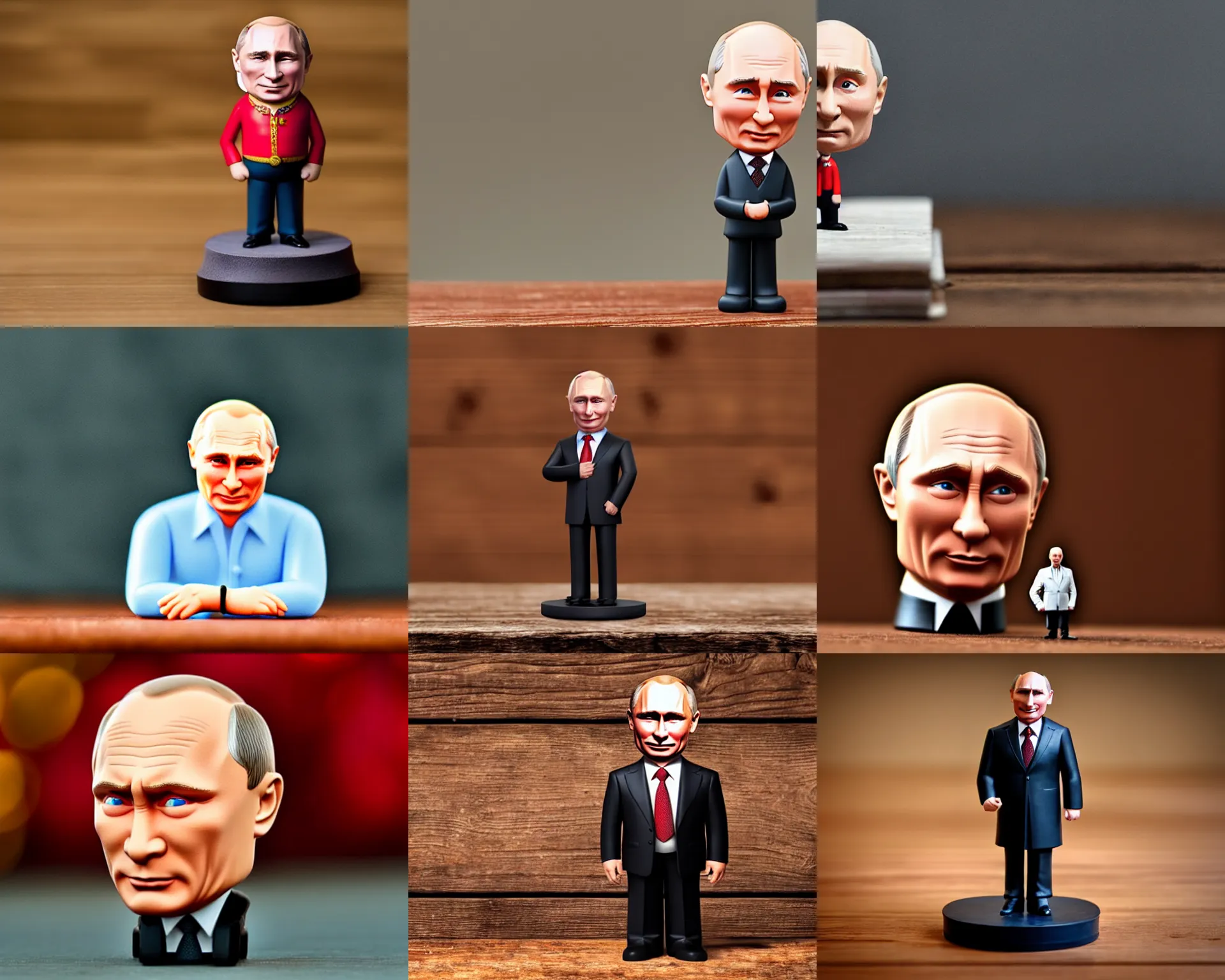 Prompt: vladimir putin figurine by pixar sad bokeh on wooden table.