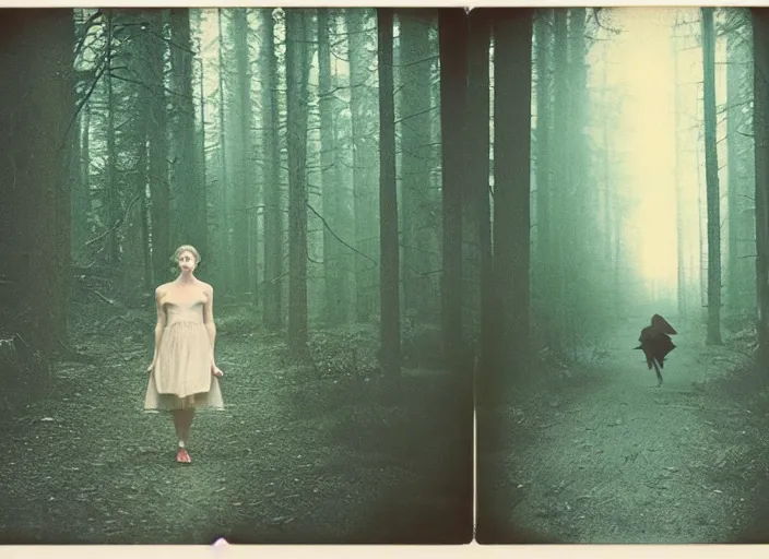 Prompt: medium shot, a young woman towards the camera, a demon is chasing her, woods, polaroid photo, vintage, neutral colors, by gregory crewdson