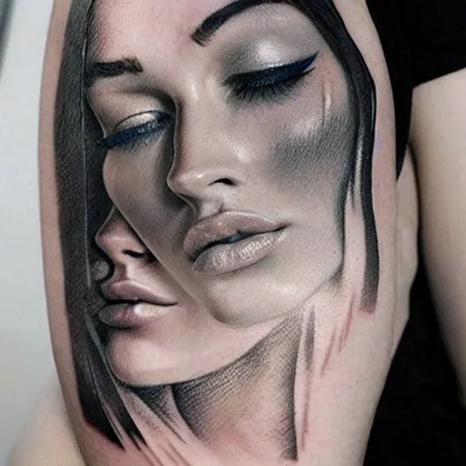 Prompt: hyper realistic tattoo sketch of megan fox face double exposure effect with a mountain scenery, in the style of matteo pasqualin, amazing detail, sharp