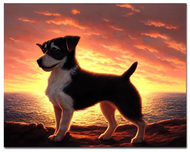 Image similar to a cute puppy with its eyes closed on a very windy day, at the sea,, wind blowing through its fur, highly detailed, hyperrealistic, intricate, sunset in the background, rays of golden red sunlight, oil painting by greg rutkowski and artgerm and wlop