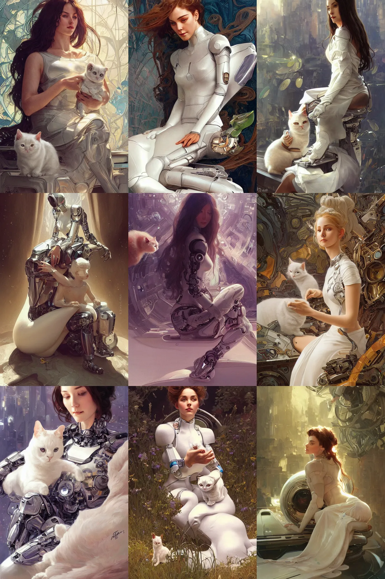 Prompt: Ultra realistic illustration, robot woman sitting with a small white cat on her lap, sci-fi, fantasy, intricate, elegant, highly detailed, digital painting, artstation, concept art, smooth, sharp focus, illustration, art by artgerm and greg rutkowski and alphonse mucha