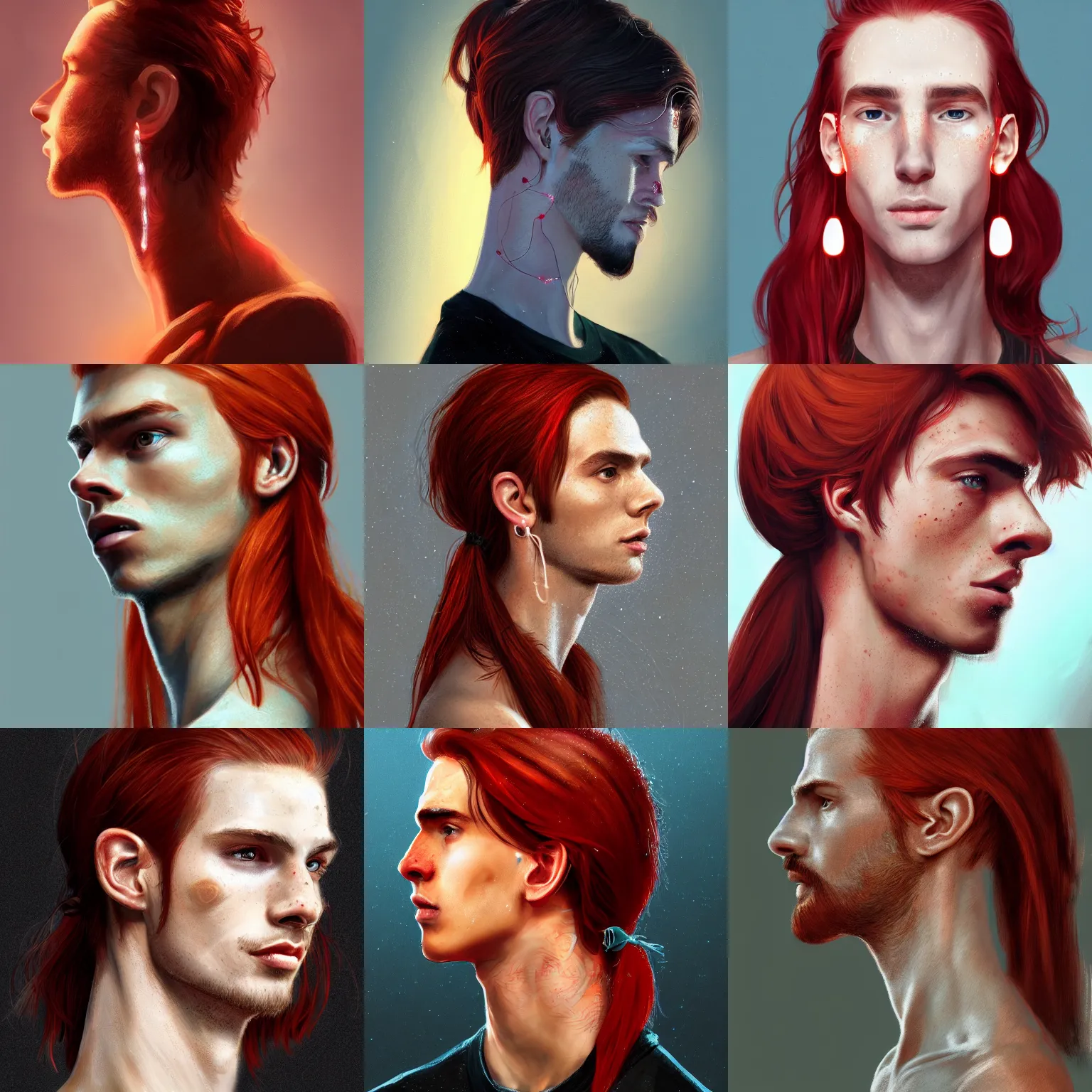 Image similar to portrait of a thin young man with long red hair, ponytail, a lot of freckles on his face, an earring, intricate, elegant, glowing lights, highly detailed, digital painting, artstation, concept art, smooth, sharp focus, illustration