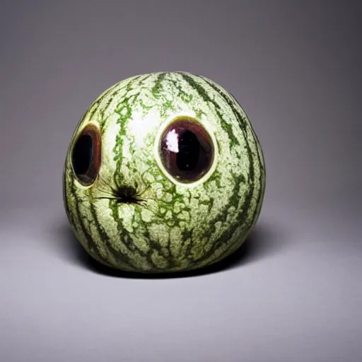 Prompt: a dusty dry taxidermy of a watermelon, glass eyeballs, false teeth,