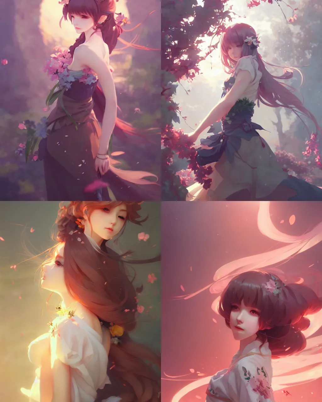 Prompt: a girl with hair and ping skirt, flower decoration on the background, a beautiful half body illustration, top lighting, perfect shadow, soft painting, art by hidari and krenz cushart and wenjun lin