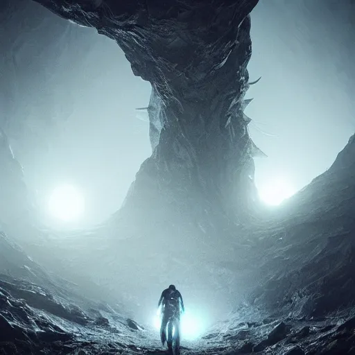 Prompt: ominous alien cavern, dark, moody, fog, highly detailed, trending on artstation, concept art, sharp focus, octane render, dramatic volumetric lighting, art by hr giger