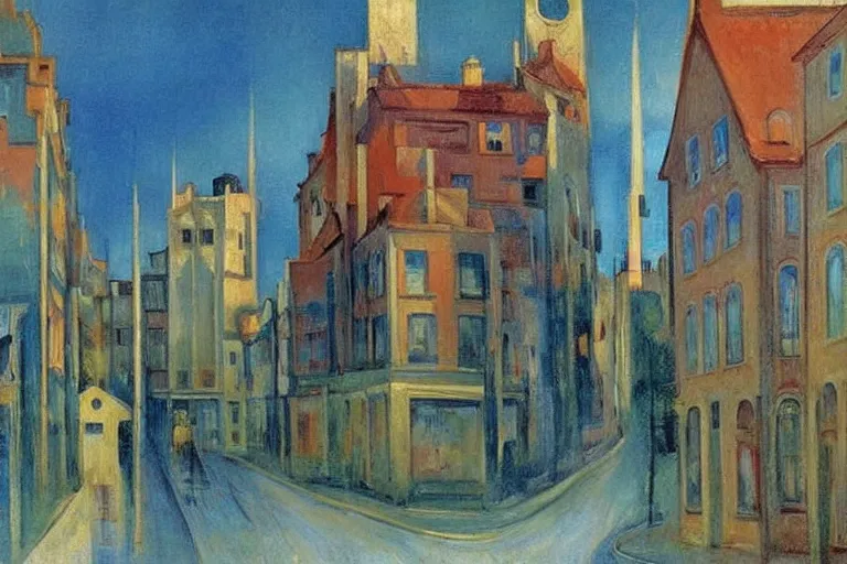 Image similar to unique shops, apartment towers, and cute townhouses along a city street, oil painting by edvard munch, stanislaw beksinski