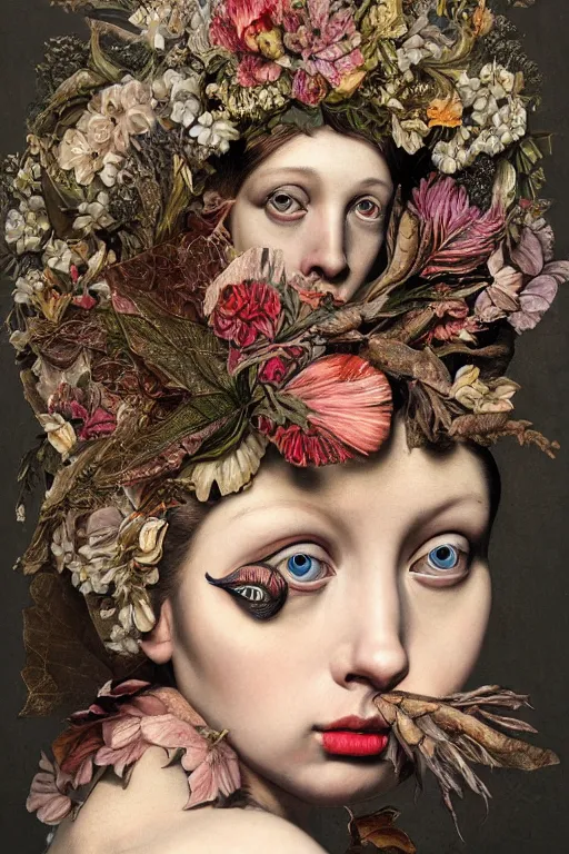 Image similar to Detailed maximalist portrait a with large lips and with large eyes, exasperated expression, fleshy botanical, high fashion, HD mixed media, 3D collage, highly detailed and intricate, surreal illustration in the style of Caravaggio and Jenny saville, dark art, baroque