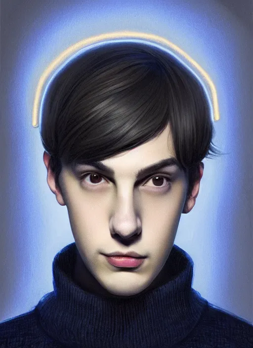 Image similar to portrait of teenage jughead jones wearing a light grey crown, crown, blue turtleneck, closed eyes, photorealistic, black hair, glowing lighting, intricate, elegant, glowing lights, highly detailed, digital painting, artstation, concept art, smooth, sharp focus, illustration, art by wlop, mars ravelo and greg rutkowski