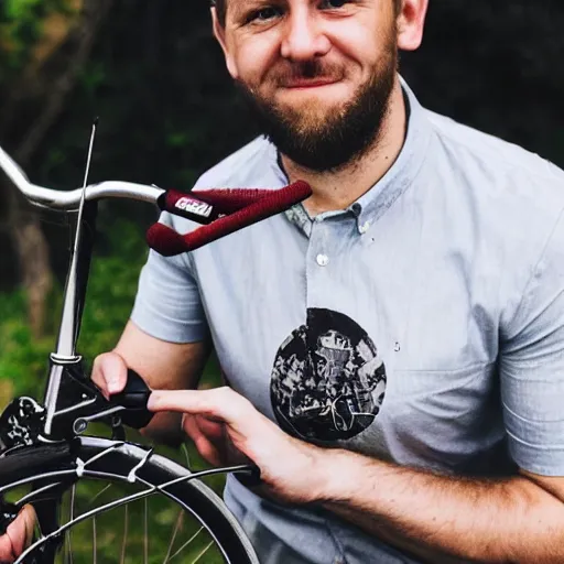 Image similar to matthias dandois wearing a flat bible shirt and riding a tiny bicycle portrait detailed