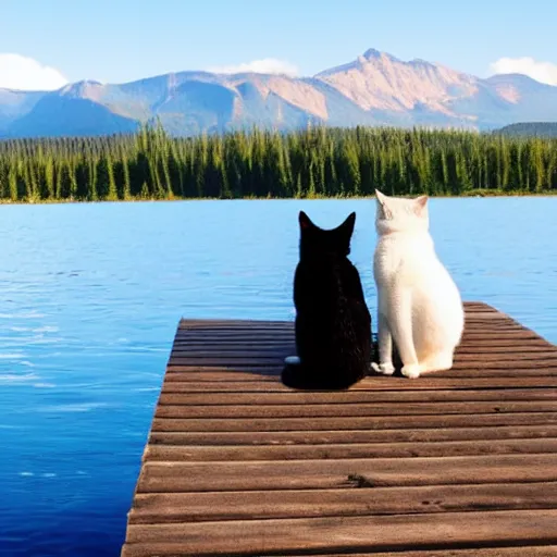 Image similar to two cats staring off into the distance on a wooden dock, in the background is a beautiful view of a crystal clear lake and a mountain range