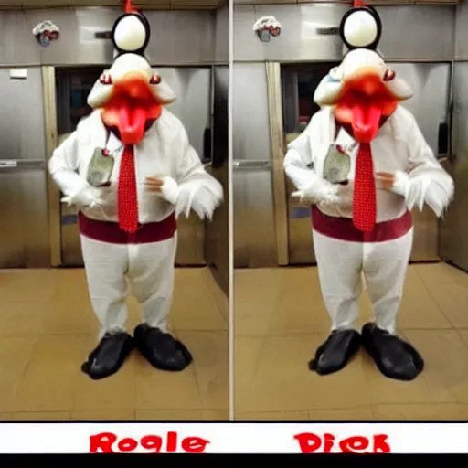 Image similar to anthropomorphic colonel sanders chicken abomination, working at kfc, real life photo,