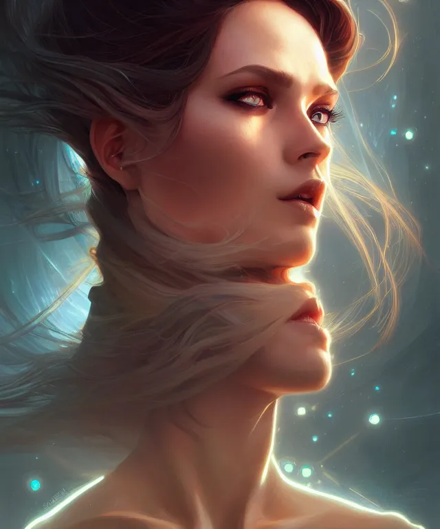 Prompt: futuristic woman android portrait, sci-fi, amber eyes, face, long hair, fantasy, intricate, elegant, highly detailed, digital painting, artstation, concept art, smooth, sharp focus, illustration, art by artgerm and greg rutkowski and alphonse mucha