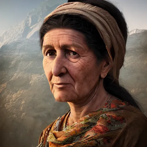 Image similar to hyperrealistic mixed media high resolution image of a beautiful Kurdish grandmother, stunning 3d render inspired art by István Sándorfi and Greg Rutkowski and Unreal Engine, perfect symmetry, dim volumetric lighting, 8k octane beautifully detailed render, post-processing, extremely hyper-detailed, intricate, epic composition, highly detailed attributes, highly detailed atmosphere, full body shot, cinematic lighting, masterpiece, trending on artstation, very very detailed, masterpiece, stunning, flawless structure, lifelike texture, perfection,