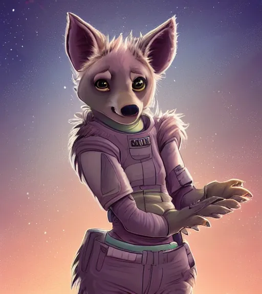 Prompt: digital detailed art of furry female hyena, in style of zootopia, fursona, furry, furaffinity, deviantart, wearing astronaut outfit, floating in space, space background, cyberpunk, detailed face, style of artgerm,