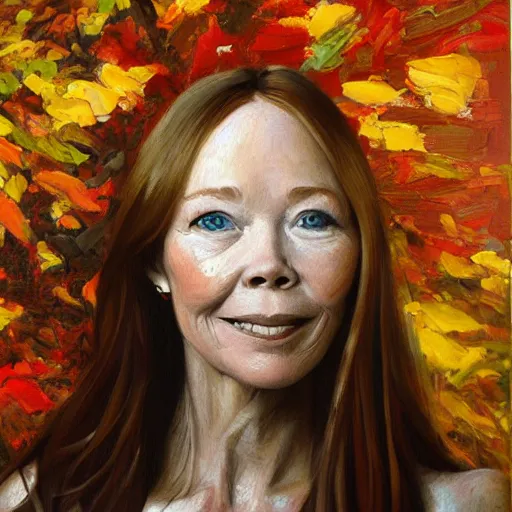 Image similar to stunning serene portrait of Sissy Spacek by Mark Arian, 0ne inch thick impasto oil on canvas, masterpiece, realism, piercing gaze, autumn bokeh