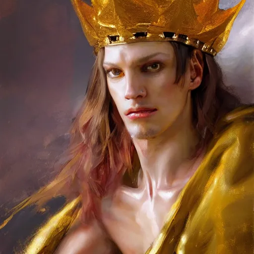 Image similar to hyperrealist portrait of an androgynous demon wearing silk robes and a golden crown. by daniel f. gerhartz, fantasy art, photo realistic, dynamic lighting