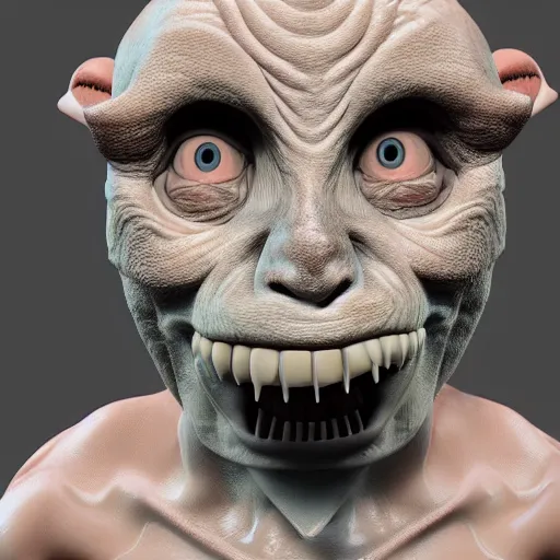 Image similar to an grotesque creature with weird features, looking inquisitively at the camera, 3d render, studio lighting