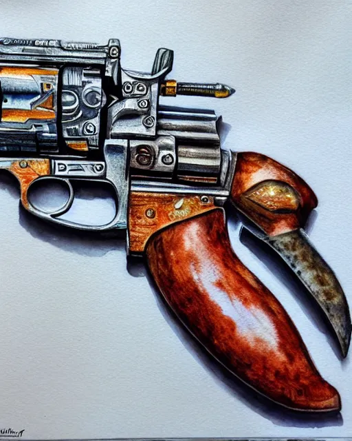 Image similar to realistic detailed revolver, watercolor, western, high production value, intricate details, high resolution, hyperrealistic, hdr, high definition, masterpiece, ultra realistic, highly detailed, hd, sharp focus, cinematic lighting, shaded, non blurry, sharp, smooth