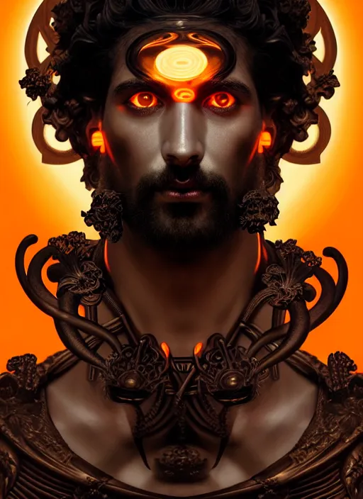 Image similar to portrait of greek god ares, black curly hair, glowing eyes, volumetric lights, face ornament, orange scheme, art nouveau botanicals, gothic, intricate, highly detailed, digital painting, artstation, concept art, smooth, sharp focus, symmetric face, illustration, steampunk, art by artgerm and greg rutkowski and alphonse mucha