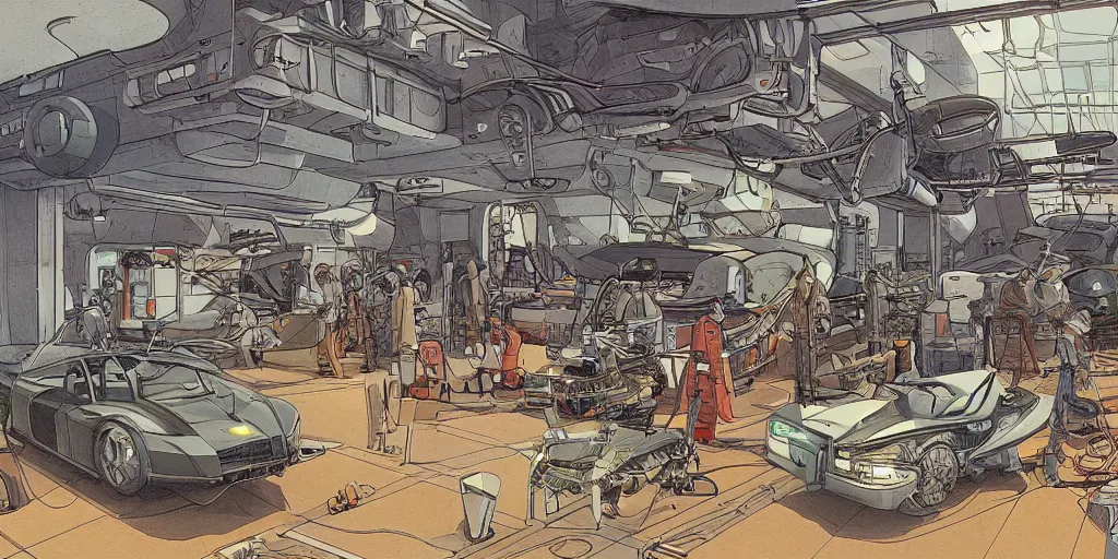 Image similar to an illustration of a mechanics workshop. interior. science fiction art. moebius. futuristic. high detail. digital painting.