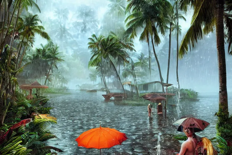 Image similar to ultra realistic illustration, photo, monsoon on tropical island, ornate, beautiful, atmosphere, vibe, mist, coconuts, rain, wet, pristine, puddles, melting, dripping, creek, bridge, forest, roses, flowers, by stanley artgerm lau, thomas kindkade, art gta 5 cover