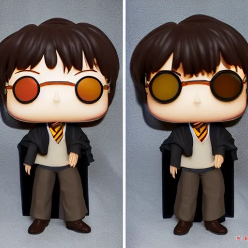Prompt: funko pop doll of harry potter taken in a light box with studio lighting, some background blur