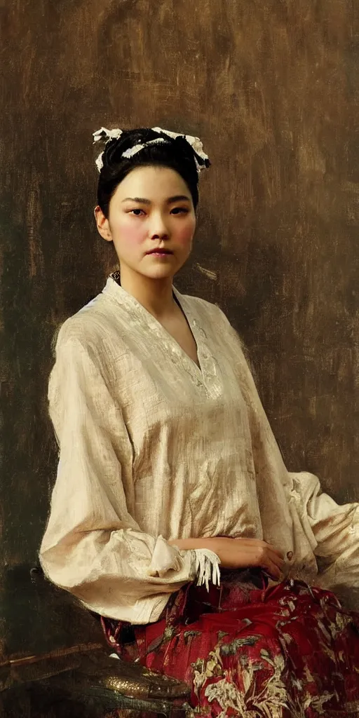 Image similar to di caprio by Solomon Joseph Solomon and Richard Schmid and Jeremy Lipking victorian genre painting full length portrait painting of 张国荣 in traditional costume