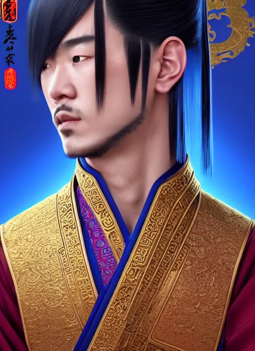 Image similar to male martial artist!! manchu chinese hairstyle!!!! asian facial features and blue eyes!! intricate ornate blue robes!! character concept art, sharp focus, octane render! unreal engine 5! highly rendered!! trending on artstation!! detailed linework!! illustration by artgerm, wlop, and chie yoshii