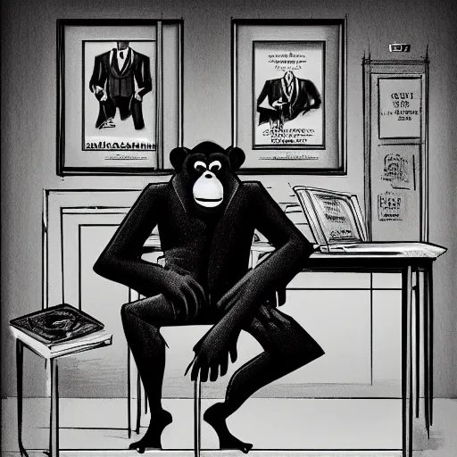 Prompt: Portrait of a film noir anthropomorphic chimp detective wearing a suit and sitting in an office chair, intricate, elegant, highly detailed, smooth, sharp focus, detailed face, high contrast, dramatic lighting, graphic novel, art by Michael Choi,