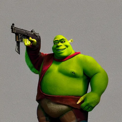 Image similar to shrek as a gun skin, masterpiece, highly detailed, high quality, 4 k, anatomically correct, hyperrealistic, concept art, octane render, unreal engine 5, trending on artstation, trending on deviantart, matte, historical painting, fantasy style, path traced, high coherence, soft lighting, digital painting, mythical