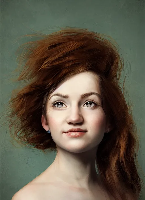 Prompt: a portrait of a cute, playful young woman, head and shoulders, stylized by jana schirmer
